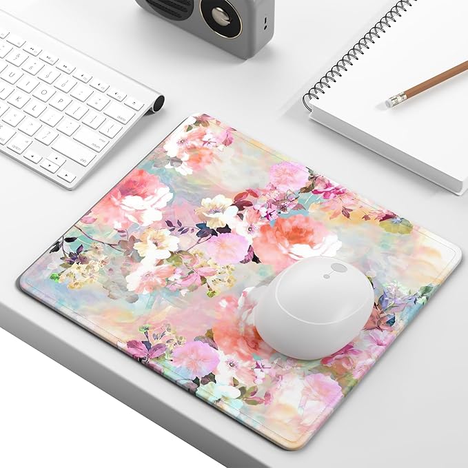Mouse Pad, Minimalism Marble Style Computer Pad, Anti-Slip Rubber Mouse Mat with Stitched Edges for Gaming, Office, Laptop, PC, Women, 9" x 8" Thick 3 mm, Colorful Flower