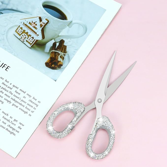 Koqye 6.3-Inch Rhinestone Scissors - Stainless Steel Cute Scissors for Office, Home & Crafting, Decorative Bling Handle Paper Cutting Tool (White)