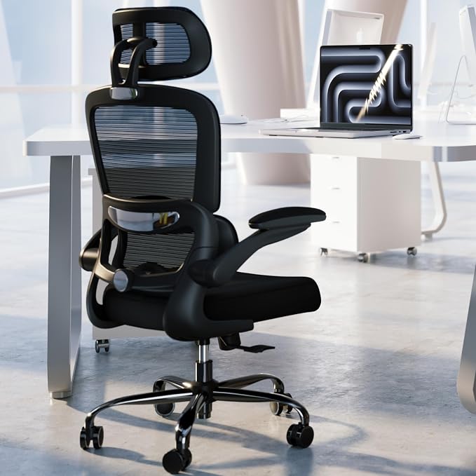 TRALT Office Chair Ergonomic Desk Chair - Gaming Chair with Lumbar Support | 330 LBS Home Office Desk Chairs with Headrest, Reading Chair with Flip-up Armrests, Comfortable Computer Chairs (6, Black)