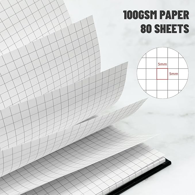 Graph Spiral Notebook-B5 Grid Journal 7.48" X 10.18",Black Hardcover Graph Paper Notebooks 4 Pack 160 Pages 100GSM for Note Taking Engineering Graphing Work School Supplies
