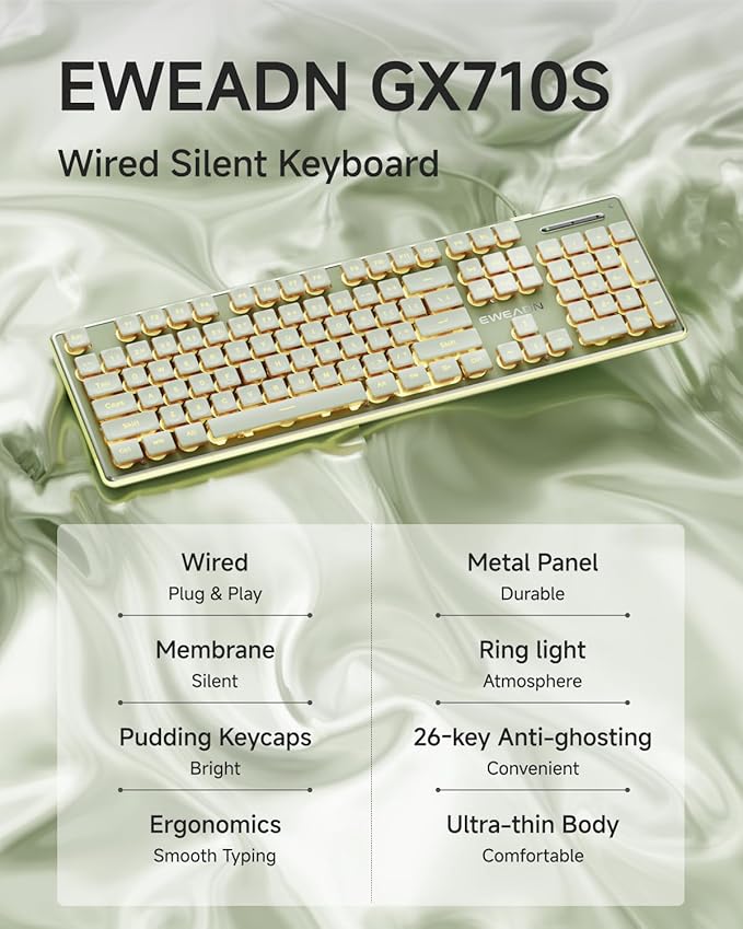 EWEADN GX710S Backlit Computer Keyboards, Wired USB Keyboard with Warm Backlit, Metal Panel, Plug and Play, Pudding Keycaps Full Size Quite Computer Keyboard for Win/PC/Laptop-Green