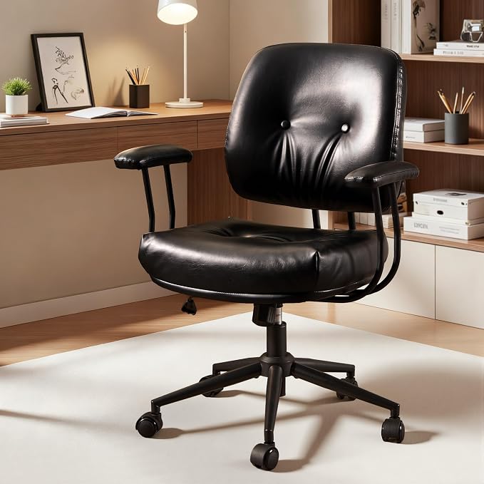 ovios Home Office Chair with Thick Cushion, Mid-Century Modern Faux Leather Ergonomic Chairs, Mid Back Swivel Rolling Computer Executive Armchair (Black, PU Leather)