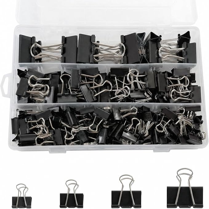 180 Pcs Binder Clips Assorted Sizes, Black Binder Paper Clips Office Clips Office Supplies, 4 Sizes Cute Binder Clips Large Medium Small Paper Clips Paper Clamps for Home School Business (Black)