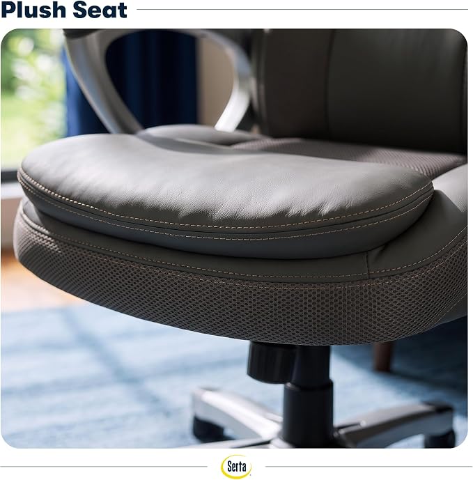 Serta Ergonomic Executive Office Chair, Padded Arms Mesh Back Leather Chair | Amplify, Contoured Lumbar Lower Back Support, Back Pain Relief, Adjustable Height & Tilt, Work From Home Desk Chair, Duo Gray