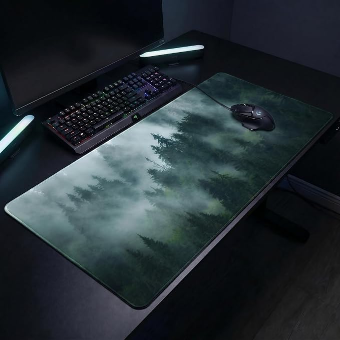 Auhoahsil Aerial Misty Forest Desk Mat, Ultra Large Full Desk Gaming Mouse Pad, Foggy Green Forest Landscape Extended Keyboard Pad, Nature Aesthetic Desk Pad for Home Office Gaming, 35.4"x 15.7"