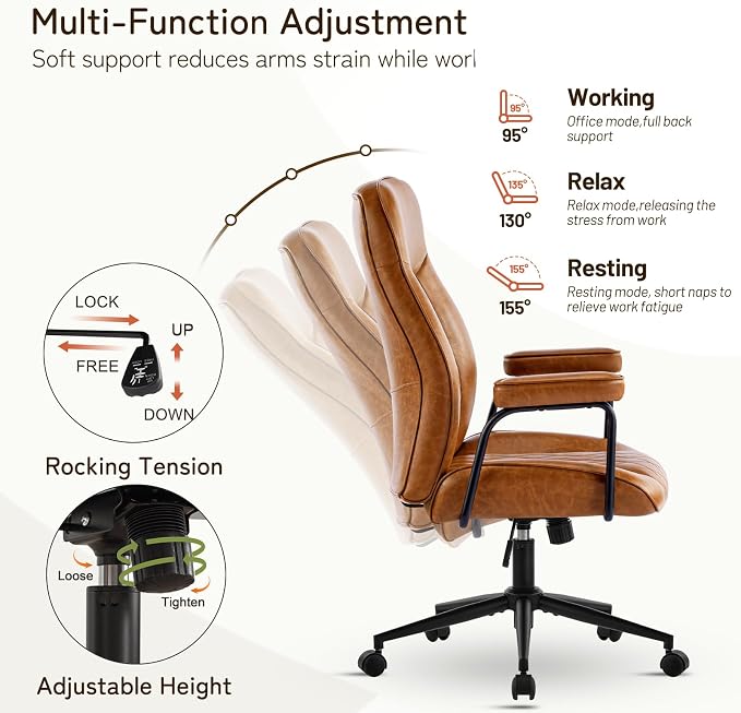 Leather Office Chair, Comfy Home Office Desk Chair, Mid Century Modern Office Chair with Lumbar Support, Mid-Back Adjustable Swivel Computer Chair with Wheels and Arms, Brown