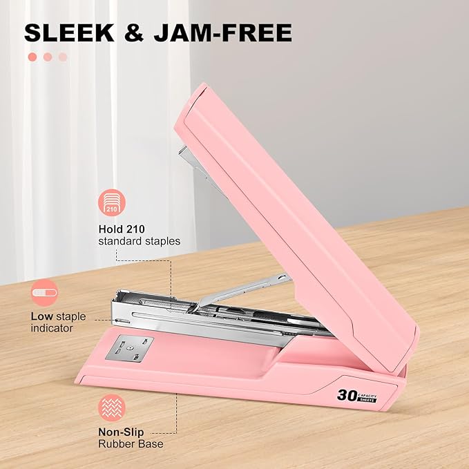 Metal Stapler with 830 Staples, Office Stapler, Staplers for Desk, 30 Sheet Capacity, Non-Slip, Pink