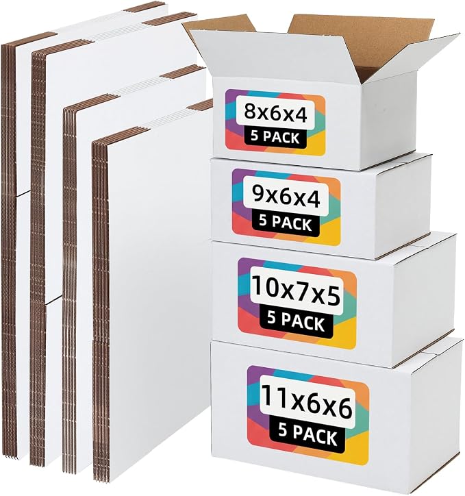 20 Pack 8x6x4, 9x6x4, 10x7x5, 11x6x6 Assorted Sizes Shipping Boxes for Small Business, Each Size 5 Pack, White Corrugated Cardboard Small Box for Packaging, Moving, Mailing, and Storing