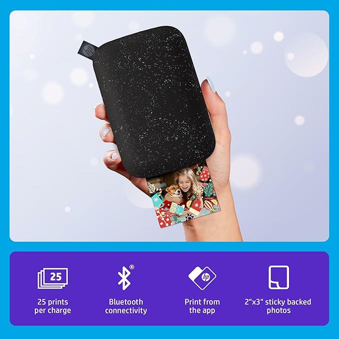 HP Sprocket Portable 2x3 Inch Instant Photo Printer (Black Noir) Print Pictures on Zink Sticky-Backed Paper From Your iOS & Android Device