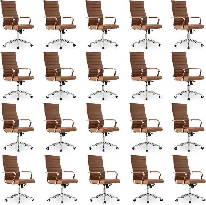 Okeysen Office Desk Chair, Ergonomic Leather Modern Conference Room Chairs, Executive Ribbed Height Adjustable Swivel Rolling Chair for Home Office Set of 20. (Brown)