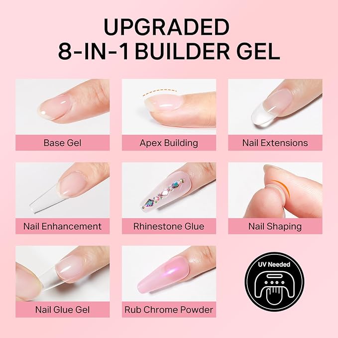 MIZHSE Gel Nail Kit, Fake Nails Long Almond, 8-in-1 Builder Gel for Nails & Portable Mini U V Light, 240Pcs Half Matte Nail Tips for Nail Extension Home DIY Nail Salon