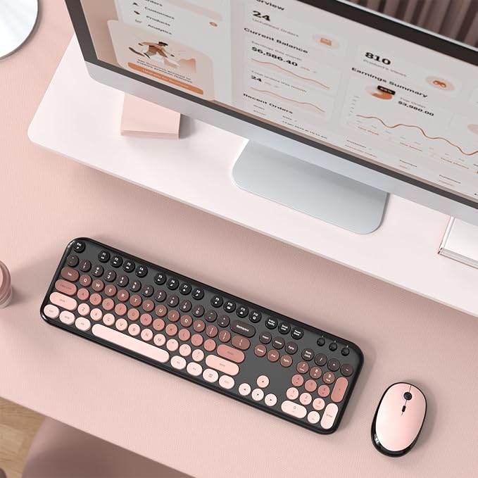 Wireless Keyboard Mouse Combo - Lovely BlackBerry-Gradient Rainbow Full-Sized Typewriter Colorful Keyboards, Round Keycap Plug Play Retro Cute Keyboards for Windows, Laptop, PC, Desktop, Computer