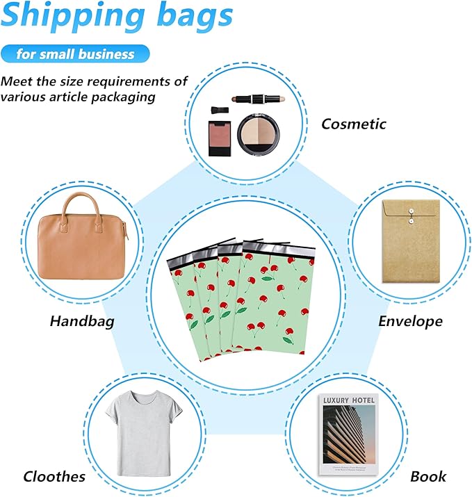 Cherry Printed Poly Mailer 6x9 Inch 100 Pcs, Waterproof and Tear-Resistant Shipping Bags for Clothing, Strong Mailing Bags with Self-Seal, Cute Mailer Bags for Small Business