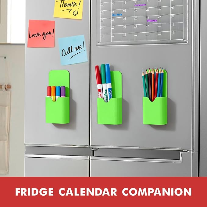 BEYGORM Magnetic Pen Holder for Refrigerator, Pencil Cup Organizer (Green) | Upgraded 1.5mm thick magnetic backing for whiteboards, lockers & fridge; 4 Pcs dry erase marker holder for classroom & office