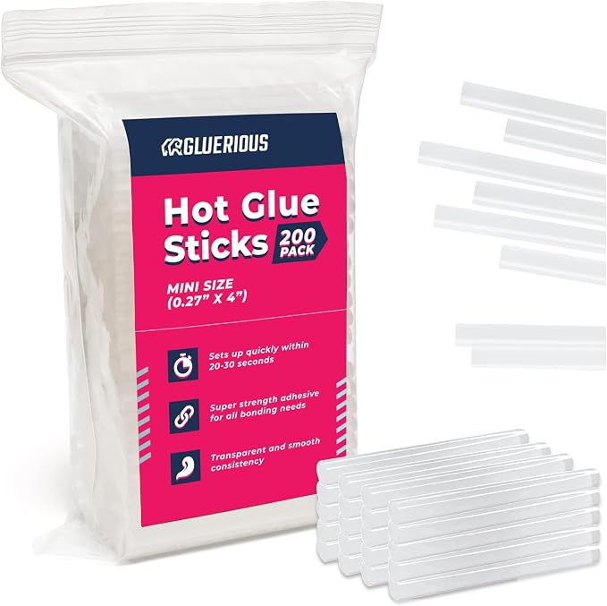 Gluerious Mini Hot Glue Gun Sticks, 200 Pack - 4" Length, 0.27" Diameter for Small Glue Guns - Bulk Clear Glue Sticks for Crafts, Wreaths, Home Decor, School Projects and Repairs