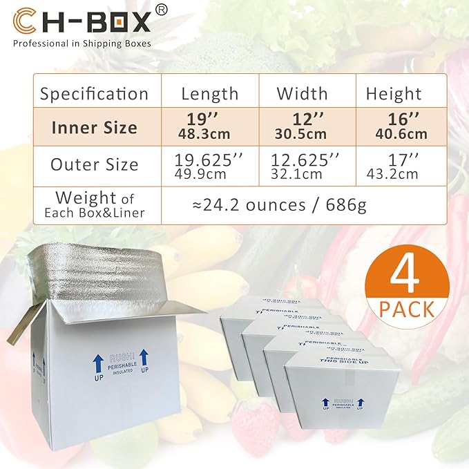 Insulated Cold Shipping Boxes with Liners, 4 Pack 19'' x 12'' x 16'', for Perishable Frozen Food, White (TB191216L-4)