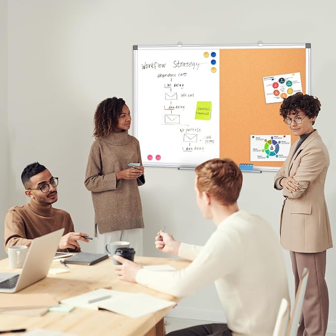 Magnetic Dry Erase White Board Cork Board Combo for Wall with Accessories | 36"x24" Vision Board Manifestation Whiteboard Corkboard Combination Aluminum Frame Home Office School Supplies ADHD Planner