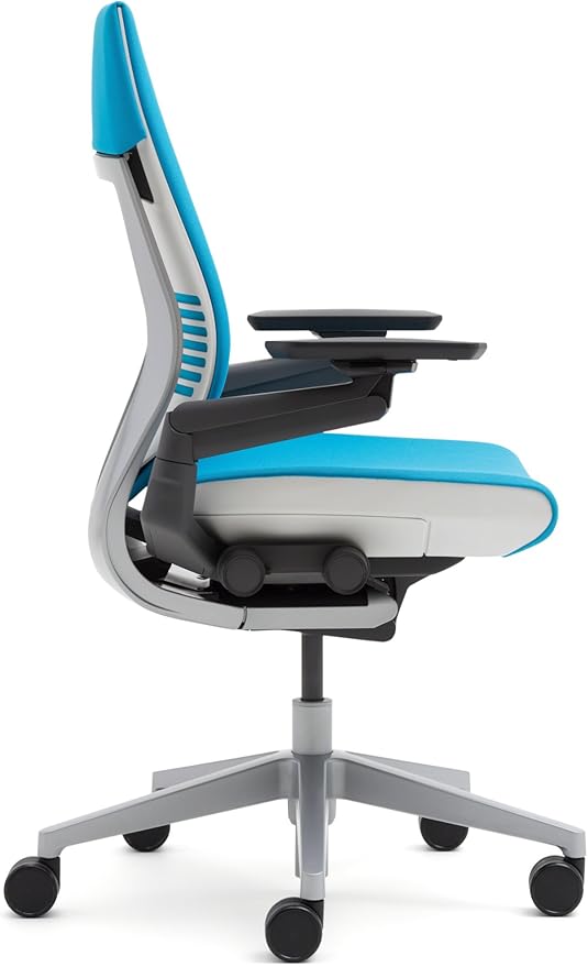 Steelcase Gesture Office Chair - Cogent: Connect Blue Jay Fabric, Low Seat Height, Wrapped Back, Dark on Dark Frame, Lumbar Support
