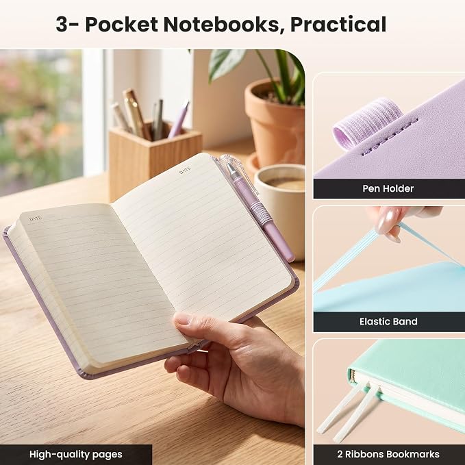 AISBUGUR Small Notebook Journal - 3 Pack Total 480 Pages - Pocket Notebooks with Pens for Work - 3.7" x 5.7" A6 Notebook - Hardcover Mini Notebooks