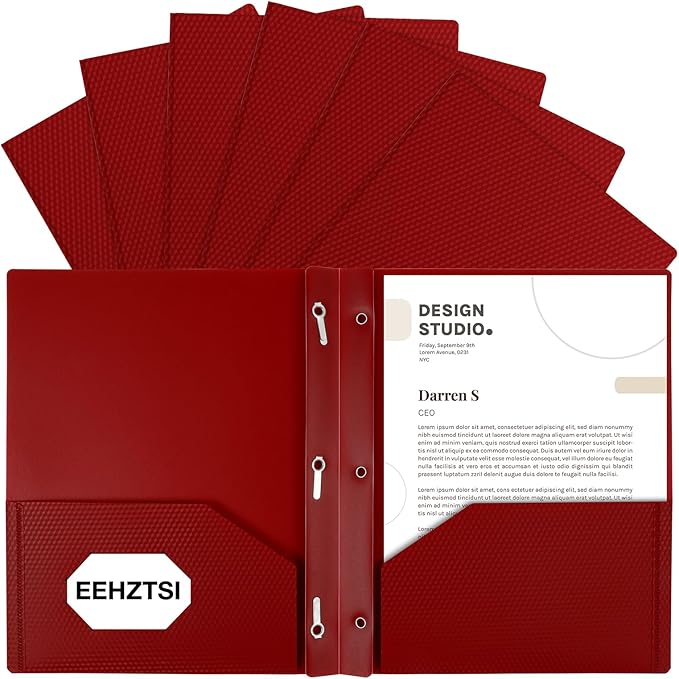 12-Pack Plastic Folders with Pockets and Prongs, 2-Pocket Folders with 3 Fasteners, Holds 8-1/2" x 11" Paper for School/Office/Home