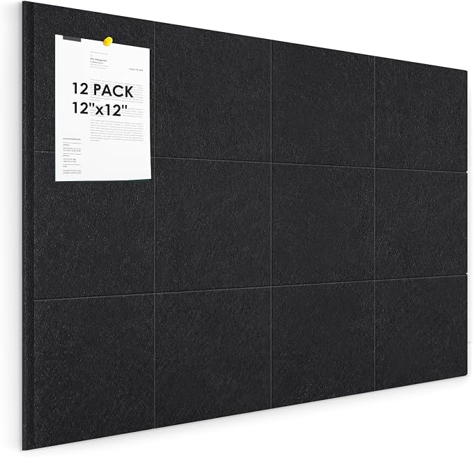Large Cork Board for Walls 48"x36" |Cork Board Alternative| 12 Pack Felt Wall Tiles| Black Bulletin Board with Removable Adhesive | Cork Boards Pinboard for Office Home Classroom,Black