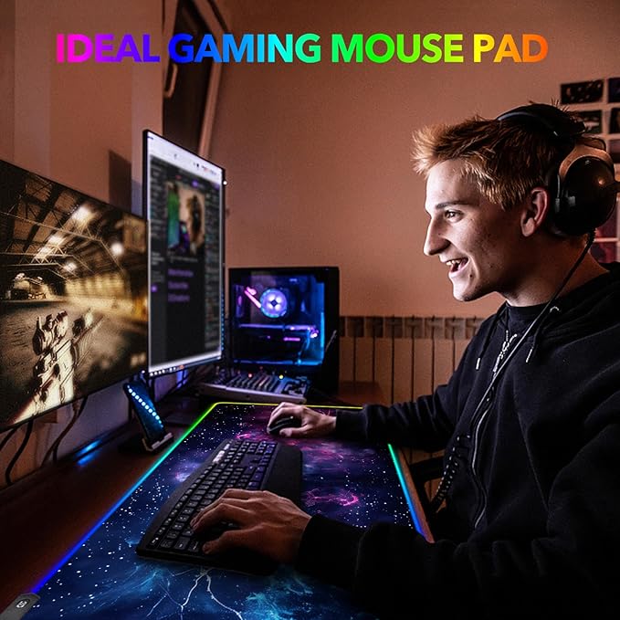 AIMSA LED Gaming Mouse Pad RGB, Large Mouse Pad with 14 Light Modes, Keyboard Mousepad Led Extended Surface (35.4 x 15.8 in) for Desktop Gamers, Blue Purple Starry Nebula