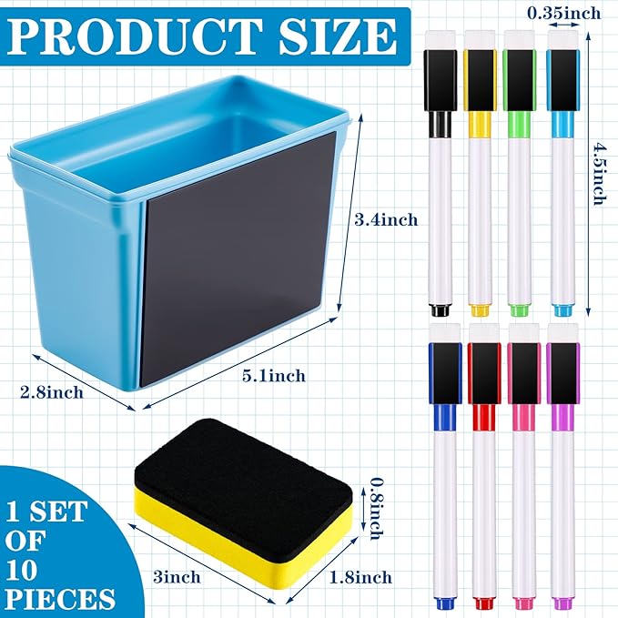 Boao Magnetic Dry Erase Marker Holder 10 Pcs Colorful Magnetic Markers Set with Eraser Whiteboard Plastic Pen Cup for Organization Supplies Refrigerator Accessories(Simple)