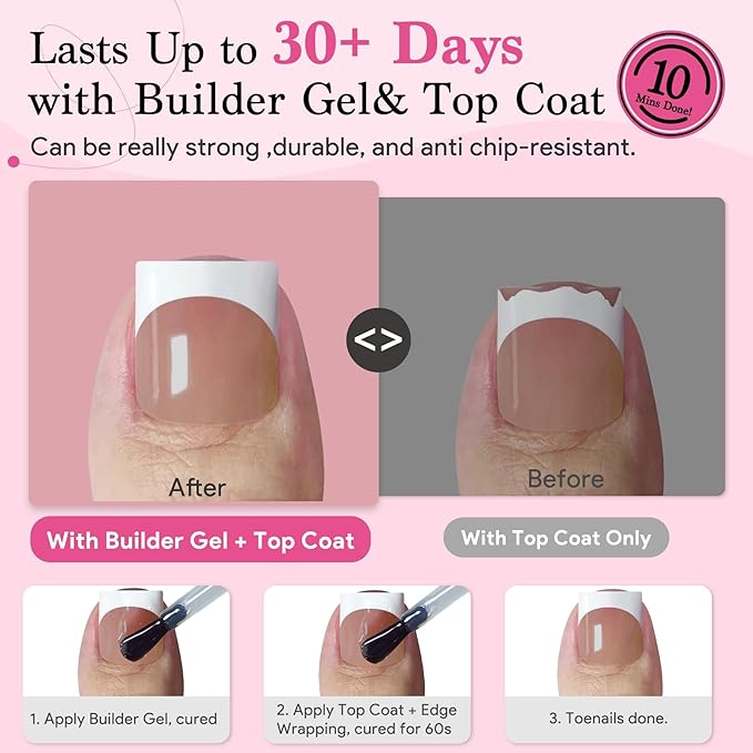 Toe Nails Press On French Tips for Women, 15 Sizes 150 Pcs Sharp Square Pre-applied Primer & Base Coat Toenail Press Ons Baby Pink Full Cover Fake Tips Extension, Builder Nail Gel & Top Coat Required