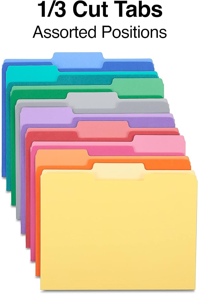 Staples File Folders, Letter Size, 1/3‑Cut Tabs, Assorted Colors, Durable Paper Stock, 200/Carton