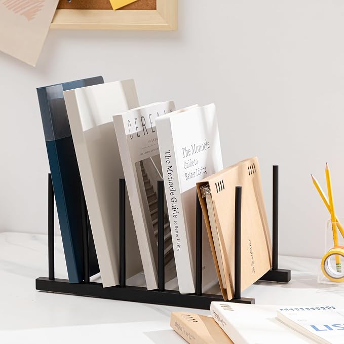 HBlife Desk File Organizer 1 Pack Bamboo 5 Section Vertical File Sorter | Black,Binder & Folder Holder for Home,Office & School