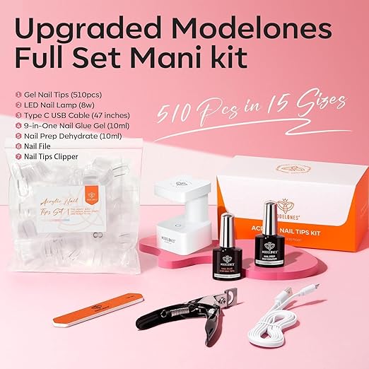 modelonesX Nail Gel Kit,15Sizes Pre-shaped Gel Nail Tips Short Almond Shape, 9-in-One Glue Prep Dehydrator & Portable Led Lamp, 510Pcs Press On Extension Kit Gift for Women