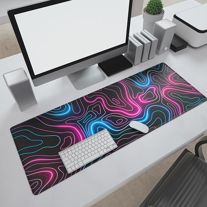 Ovenbird Gaming Mouse Pad with Stitched Edges, Topographic Map Pink Extended XL Mousepad with Anti-Slip Base, Cool Neon Large Mouse Pad for Desk, 31.5 x 11.8 in, Pink and Blue