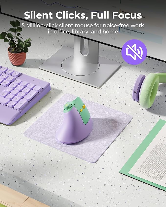 seenda MOU-302 Wireless Bluetooth Ergonomic Vertical Mouse with Volume Knob | Rechargeable 3-device mice for small/medium hands with quiet clicks, 1000/1600/2400 DPI for PC, laptop, MacBook, Green Purple