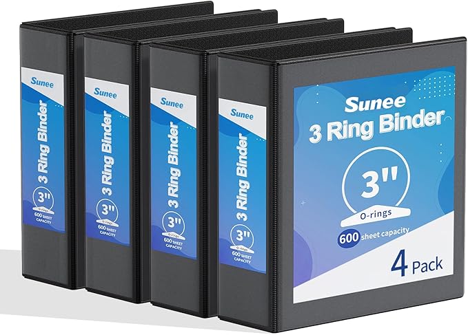 SUNEE 3 Inch Binders 3 Ring 4 Pack, PVC-Free Clear View Large Binders 3" (Fits 8.5x11 Inches) for School, Office & Home Use, Black