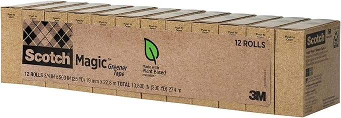 Scotch Magic Greener Tape, Invisible Tape for Fixing Paper, Office Supplies and Back to School Supplies, 0.75 in .x 900 in., 12 Rolls