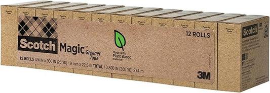 Scotch Magic Greener Tape, Invisible Tape for Fixing Paper, Office Supplies and Back to School Supplies, 0.75 in .x 900 in., 12 Rolls