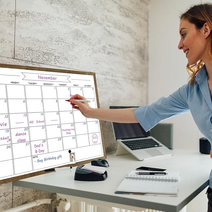 Large Dry Erase Monthly Calendar Whiteboard for Wall, Magnetic,23.6"x 31.5" | Solid Pine Wood Rustic Brown Frame,Magnetic Surface White Board for Wall,for Office/School/Home