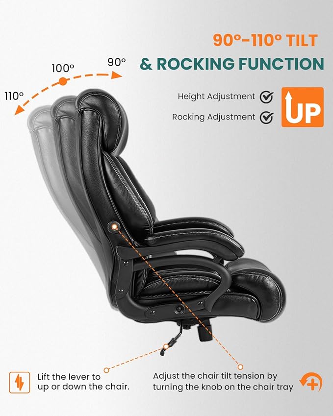 BOSMILLER 650lbs Large Big and Tall Office Chair for Heavy People with Adjustment Lumbar Support, Comfy Padded Heavy Duty Leather Executive Office Chair with Quiet Rubber for Adults 8 Hours Daliy Work