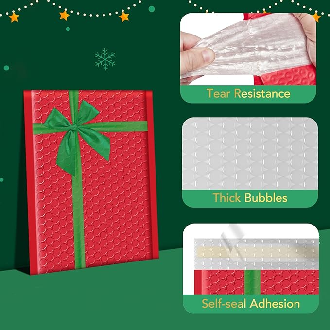 Fuxury Bubble Mailers 6x10" Christmas Padded Envelopes 25 Pack Usable Size 6x9" Thick Mailing Envelopes Bubble Opaque Padded Mailers Shipping Bags for Mailing Jewelry Makeup Small Business #0 Red