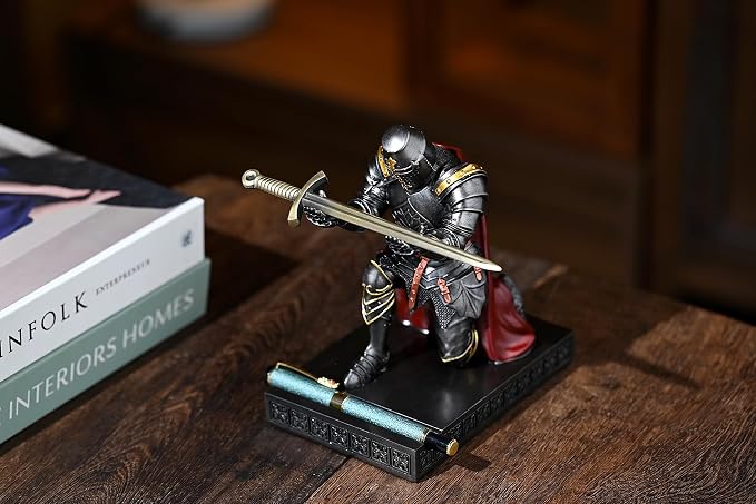 Medieval Templar Vanguard Officer Knight Pen Holder Desk Organizers Iron | Pencil Stand Paperweight Desktop Decoration Accessories Cell Phone Stand with a Fancy Sword for Medieval Warrior Enthusiast