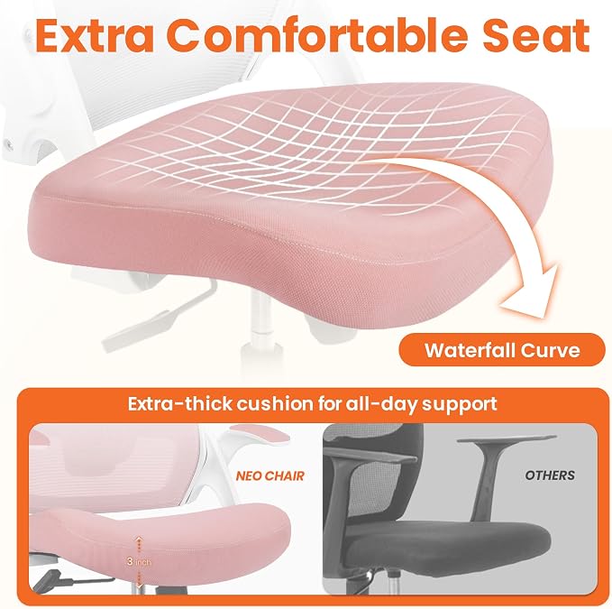 NEO CHAIR Office Desk Chair with Ergonomic High Back Mesh Headrest, Pink | Adjustable Headrest and Lumbar Support with Flip-Up Armrests Designed for Extended Sitting Comfort While Saving Space