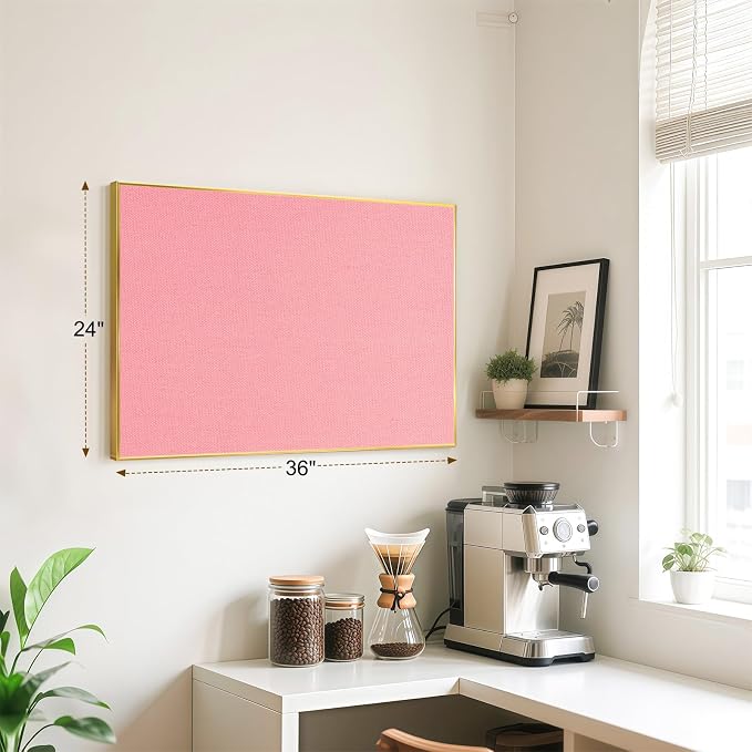 Linen Bulletin Board, 36"x24" Decorative Fabric Pin Board Vision Board | Gold Aluminum Frame, Upgraded Pink Canvas Surface, Wall Mounted, for Home Office Bedroom Dorm Wall Decor