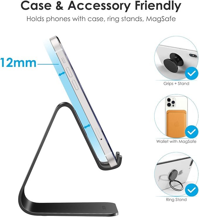 OMOTON C1 Upgraded Aluminum Cell Phone Stand for Desk, Durable Phone Dock | Protective Pads Cellphone Dock for iPhone 17/16/15/14/13 Pro Max Air, iPad mini, Android Smartphones - Black