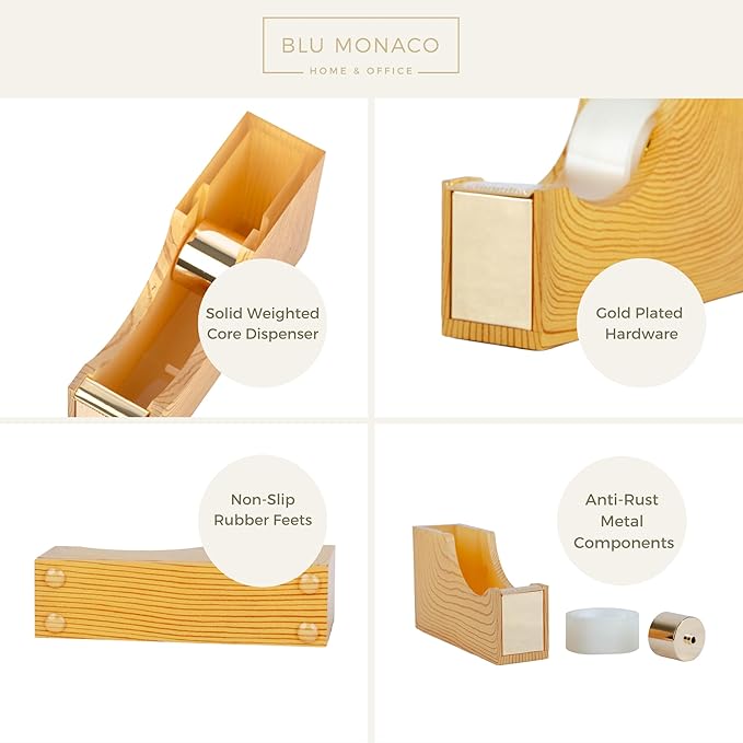 BLU MONACO | Acrylic Tape Dispenser with Woodgrain Surface | Desktop Tape Cutter with Smooth Blade and Non Slip Base | Fits Standard and Large Rolls Desk Accessory