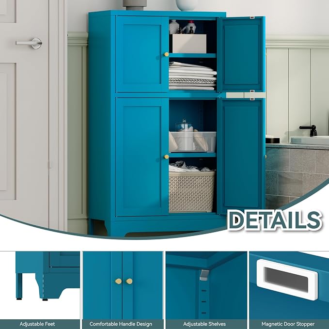 YAUWOH Blue Bathroom Floor Cabinet, Metal Storage Cabinet with 2 Adjustable Shelves & 4 Doors,Freestanding Sideboard for Dining Room,Living Room, Home Office