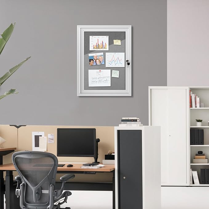 Mifuro 26"x20" Enclosed Bulletin Board, Outdoor Lockable Weather-Resistant Aluminum Cork Noticeboard for School & Office, Silver Frame w/Grey Flet
