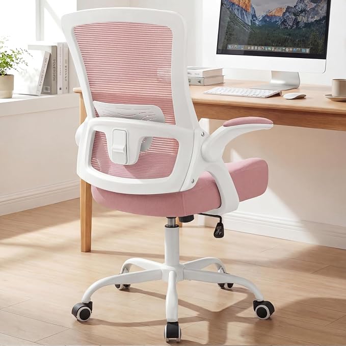 NEO CHAIR Office Desk Mesh Chair with Adjustable Ergonomic Lumbar, Pink | Breathable Mesh Back Support with Flip-Up Armrests and Wide Seat Cushion for Comfortable Home Office Work and Gaming Setup