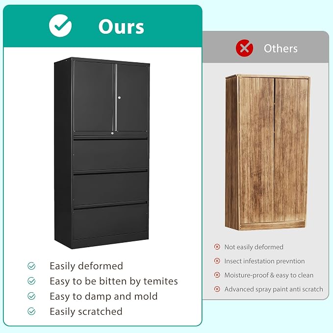 3 Drawer Lateral File Cabinet with Lock and Shelf,Black Metal Filling Cabinet with Drawers and Shelf, Locking File Storage Cabinets with Doors and Shelves for Home,Office,Garage,School