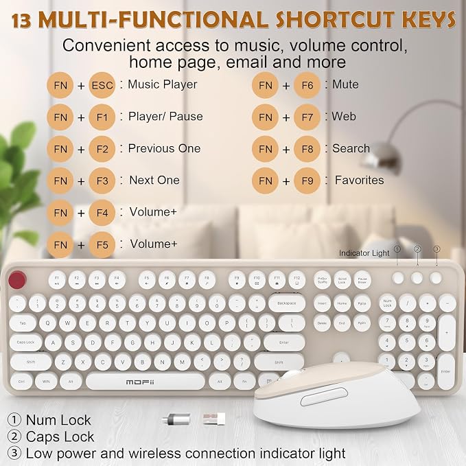 Wireless Keyboard Mouse, 104 Keys Cute Colorful Typewriter Creamy White | With OTG & Long Clean Bruch,Compatible With All windows and Type C Computer,1600DPI,Ideal For PC, Home, Office and College