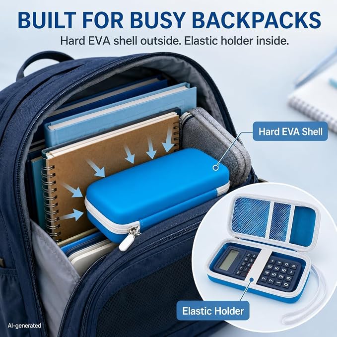 Blue Calculator Case for TI-30XS/TI-30XIIS/TI-30Xa/TI-36X Pro | Hard EVA Shell, Two-Layer Mesh Pockets, Elastic Holder, Wrist Strap, 8.27x 3.94 x 2.36 in, School Exam Carry